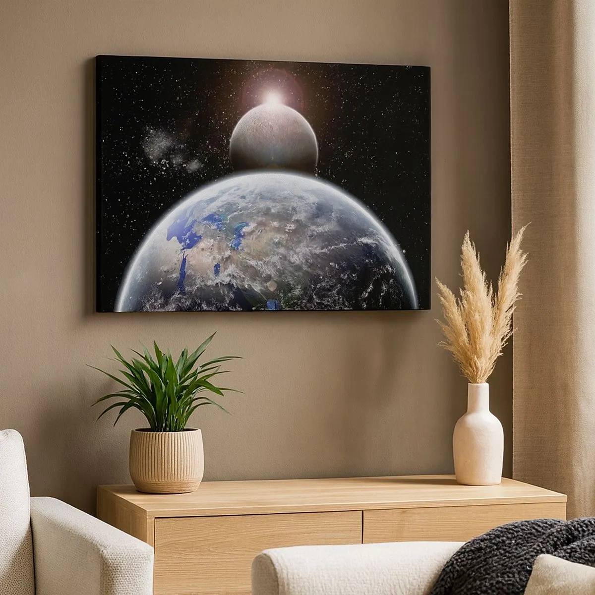 Impression sur toile - Image sur toile - La planète Terre et la Lune sur fond d'espace étoilé. - 70x50cm - Paysage cosmique - lever de soleil - Décoration murale moderne pour le salon et la chambre ARTTOR