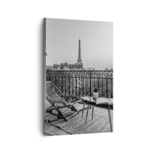 Impression sur toile - Image sur toile - Vue sur la Tour Eiffel depuis le balcon avec transats et table - 80x120cm - Après-midi parisien - Décoration murale moderne pour le salon et la chambre ARTTOR