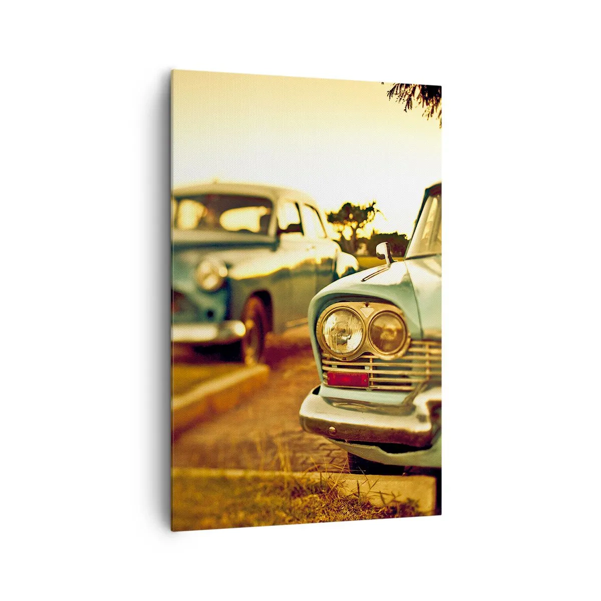 Impression sur toile - Image sur toile - Voitures classiques dans la chaude lumière du coucher du soleil - 80x120cm - Nous attendrons et verrons - Décoration murale moderne pour le salon et la chambre ARTTOR