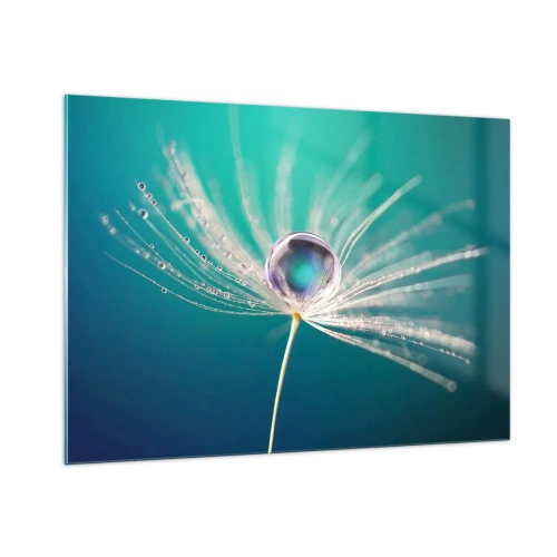 Impression sur verre - Image sur verre - Macrophotographie d'une graine de pissenlit avec une goutte de rosée sur un fond turquoise - 100x70cm - Moment mystique - Décoration murale moderne pour le salon et la chambre ARTTOR