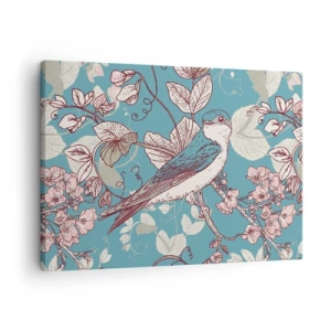 Impression sur toile - Image sur toile - Un oiseau sur une branche dans un style floral délicat - 70x50cm - Dans le bois blanc du rouge et de l'argent - Décoration murale moderne pour le salon et la chambre ARTTOR