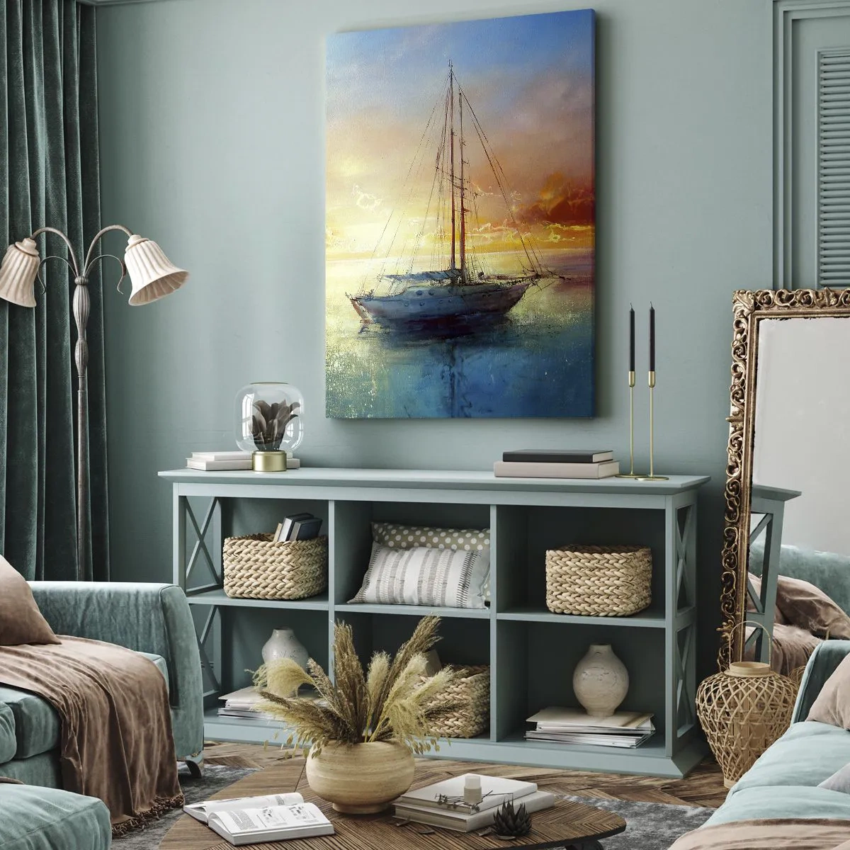 Impression sur toile - Image sur toile - Un yacht sur une mer calme au coucher du soleil - 80x120cm - Dans une baie dorée - Décoration murale moderne pour le salon et la chambre ARTTOR