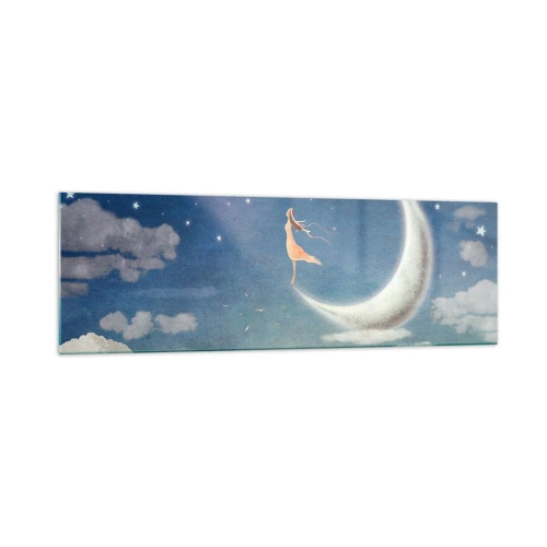 Impression sur verre - Image sur verre - Une femme dans la lune entourée d'étoiles et de nuages - 160x50cm - Valise bleue - Décoration murale moderne pour le salon et la chambre ARTTOR