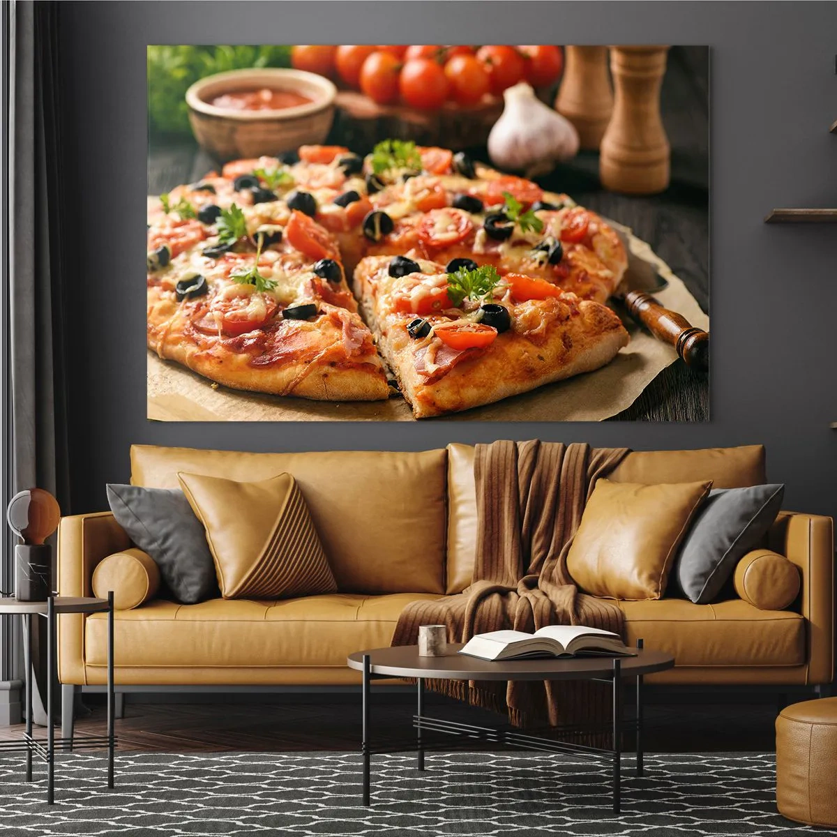 Impression sur verre - Image sur verre - Pizza appétissante aux tomates, olives et herbes - 70x50cm - Tu t'en es encore tiré - Décoration murale moderne pour le salon et la chambre ARTTOR
