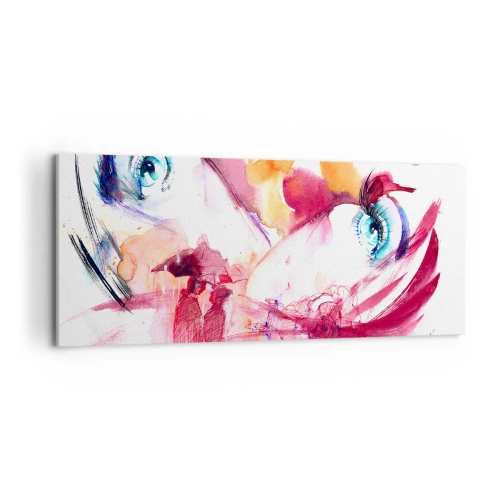 Impression sur toile - Image sur toile - Un visage abstrait avec des yeux expressifs et des accents rouges. - 120x50cm - Le monde prospère dans la proximité - Décoration murale moderne pour le salon et la chambre ARTTOR