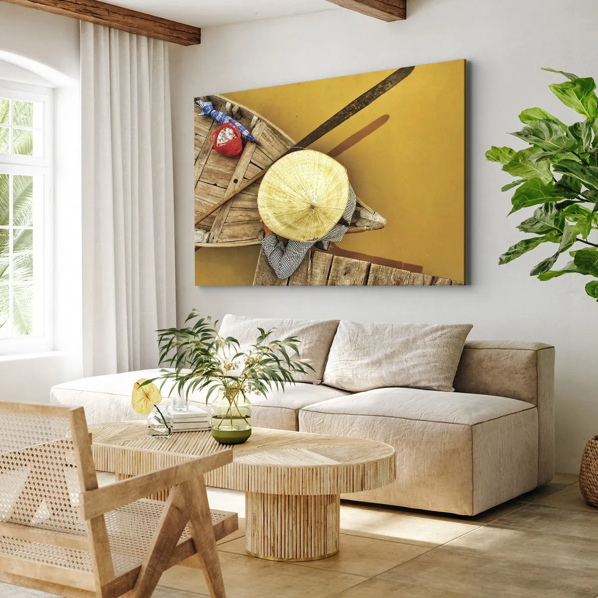 Impression sur toile - Image sur toile - Un bateau traditionnel vu à vol d'oiseau - 120x80cm - La vie sur le fleuve Jaune - Décoration murale moderne pour le salon et la chambre ARTTOR