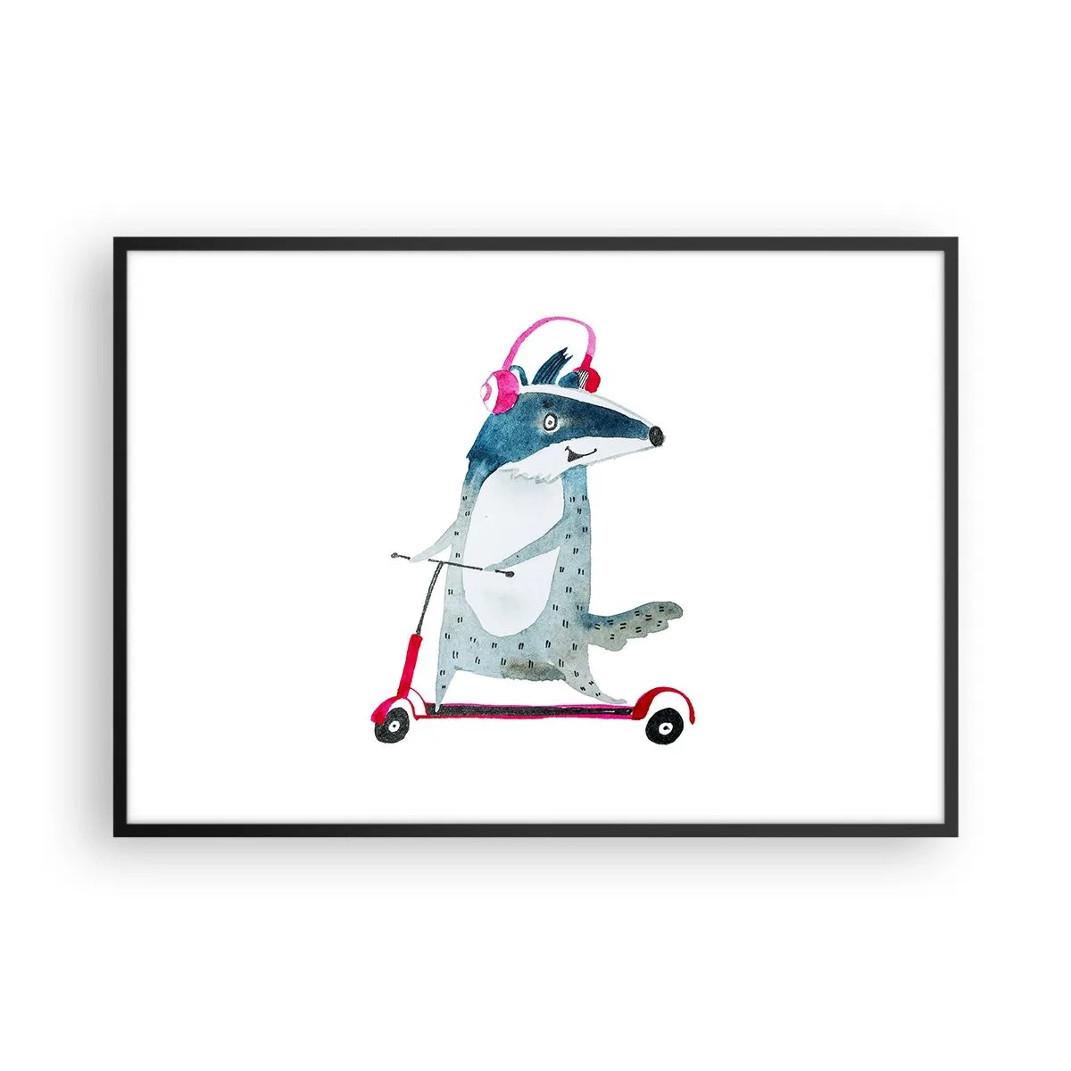 Affiche dans un cadre noir - Poster - Blaireau sur un scooter avec des écouteurs roses - 100x70cm - La joie du blaireau - Décoration murale moderne pour le salon et la chambre ARTTOR
