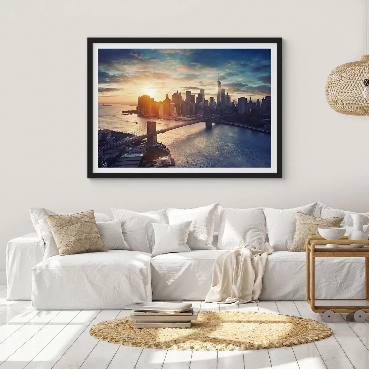 Affiche dans un cadre noir - Poster - Panorama de la ville avec le pont et la rivière à la lumière du soleil couchant - 100x70cm - Monument de la culture occidentale - Décoration murale moderne pour le salon et la chambre ARTTOR