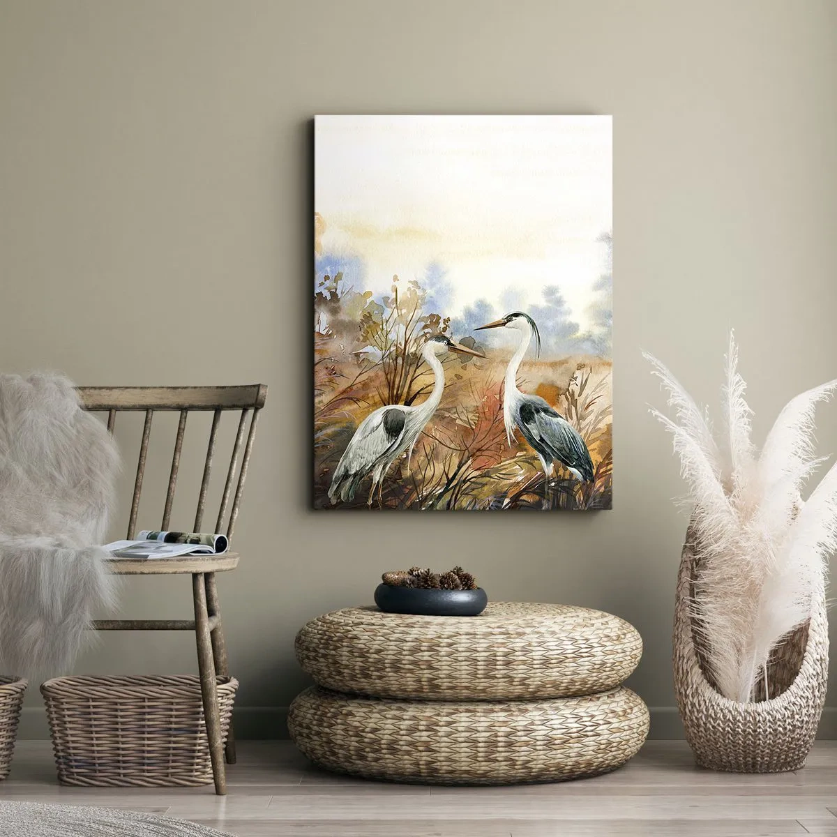 Impression sur toile - Image sur toile - Deux hérons sur fond de paysage d'automne - 70x100cm - Jusqu'où en automne ? - Décoration murale moderne pour le salon et la chambre ARTTOR