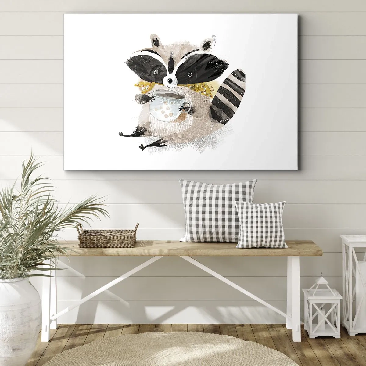 Impression sur toile - Image sur toile - Adorable raton laveur tenant une tasse de couleur pastel - 100x70cm - Mon ami le raton laveur - Décoration murale moderne pour le salon et la chambre ARTTOR