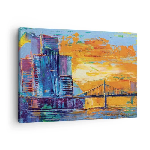 Impression sur toile - Image sur toile - Une ville colorée avec un pont au soleil couchant - 70x50cm - Culture et nature - Décoration murale moderne pour le salon et la chambre ARTTOR