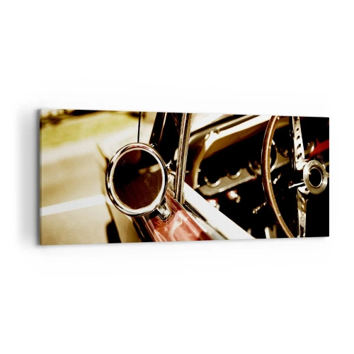Impression sur toile - Image sur toile - Gros plan du miroir et de l'intérieur d'une voiture rétro classique - 120x50cm - Auto avec une âme - Décoration murale moderne pour le salon et la chambre ARTTOR