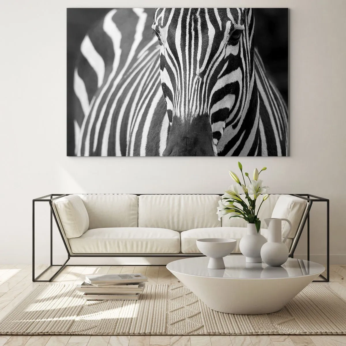 Impression sur verre - Image sur verre - Portrait noir et blanc d'un zèbre avec des rayures visibles - 120x80cm - Le monde est noir et blanc - Décoration murale moderne pour le salon et la chambre ARTTOR