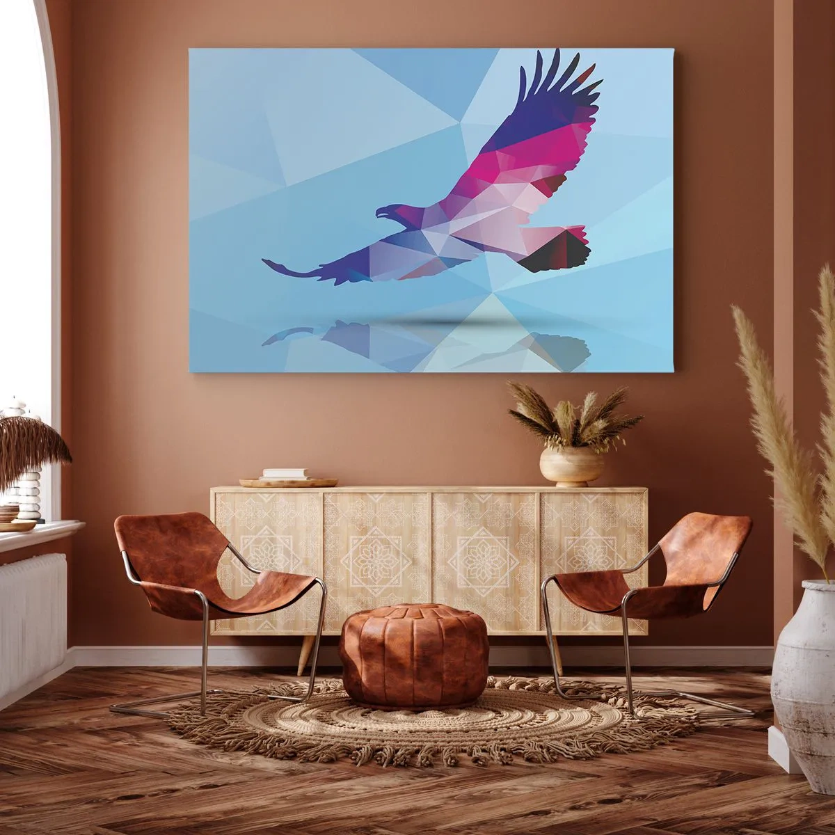 Impression sur toile - Image sur toile - Silhouette géométrique d'un aigle en vol sur fond bleu - 120x80cm - Aigle en cristal lilas - Décoration murale moderne pour le salon et la chambre ARTTOR