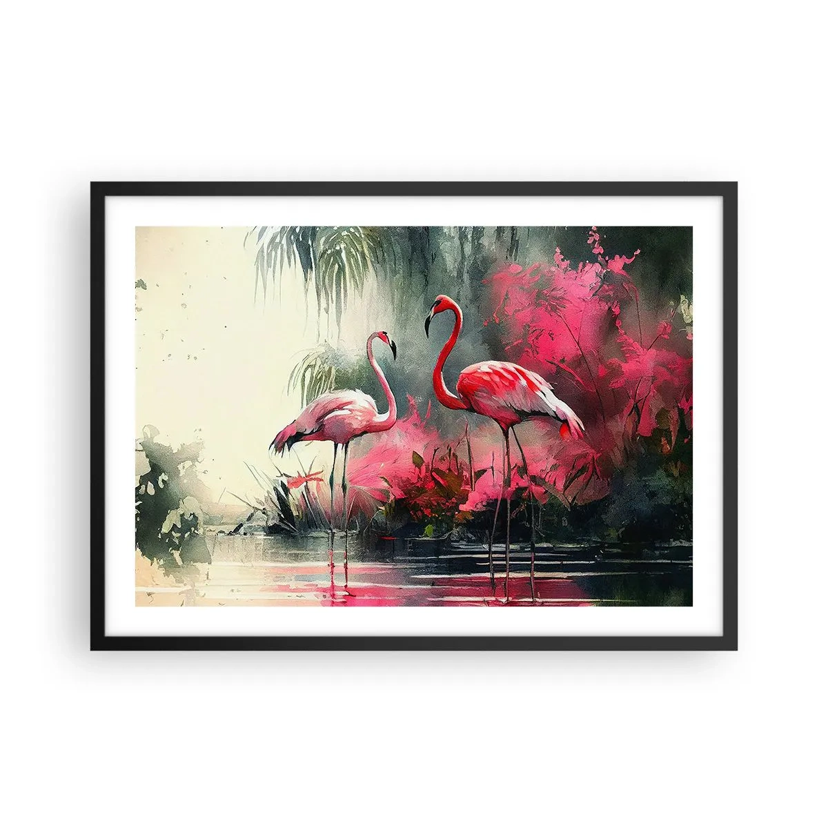 Affiche dans un cadre noir - Poster - Flamants roses au bord de l'eau entourés de végétation - 70x50cm - Une leçon de grâce naturelle - Décoration murale moderne pour le salon et la chambre ARTTOR