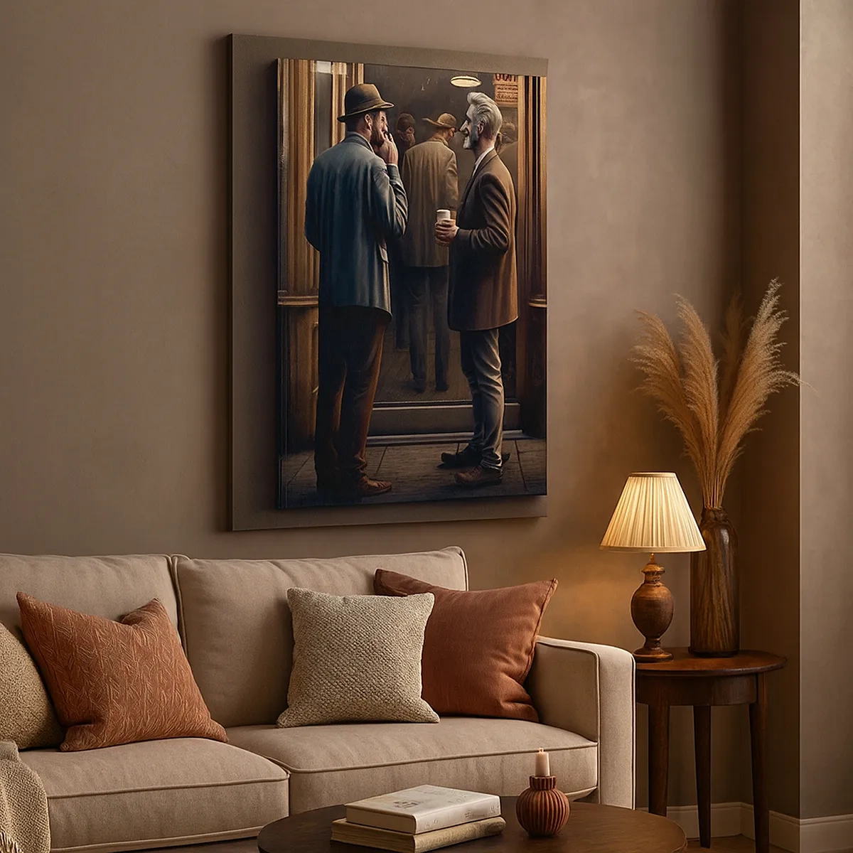 Impression sur toile - Image sur toile - Scène de rue avec des gens devant un café rétro - 50x70cm - Bon moment de la journée - Décoration murale moderne pour le salon et la chambre ARTTOR