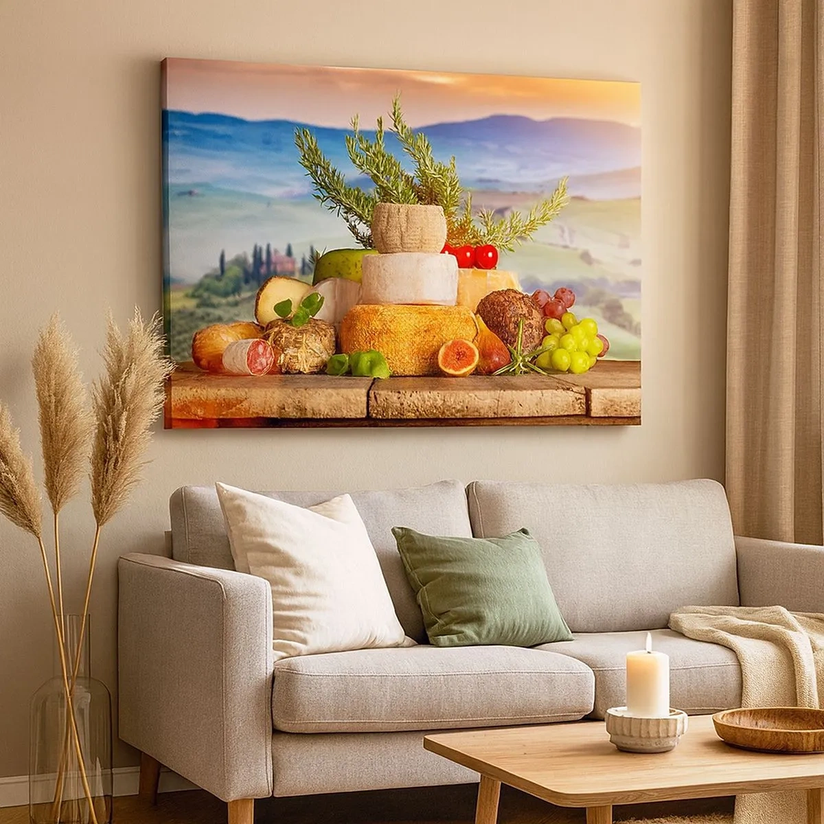 Impression sur toile - Image sur toile - Une composition de fromages et de fruits sur fond de paysage toscan - 70x50cm - La joie de vivre à l'italienne - Décoration murale moderne pour le salon et la chambre ARTTOR