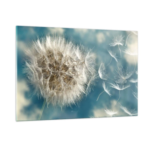 Impression sur verre - Image sur verre - Un pissenlit délicat contre le ciel avec des graines flottantes - 120x80cm - souffle d'ange - Décoration murale moderne pour le salon et la chambre ARTTOR
