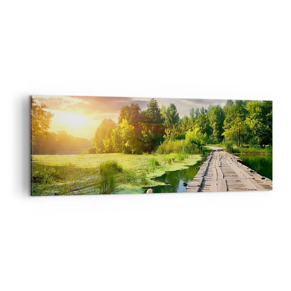 Impression sur toile - Image sur toile - Un paysage pittoresque avec un pont et un cygne - 140x50cm - L'été, l'été partout - Décoration murale moderne pour le salon et la chambre ARTTOR