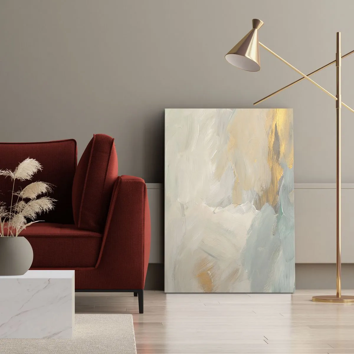 Impression sur toile - Image sur toile - Traits abstraits délicats dans des tons de blanc et d'or - 80x120cm - Abstraction – le pays de la douceur - Décoration murale moderne pour le salon et la chambre ARTTOR