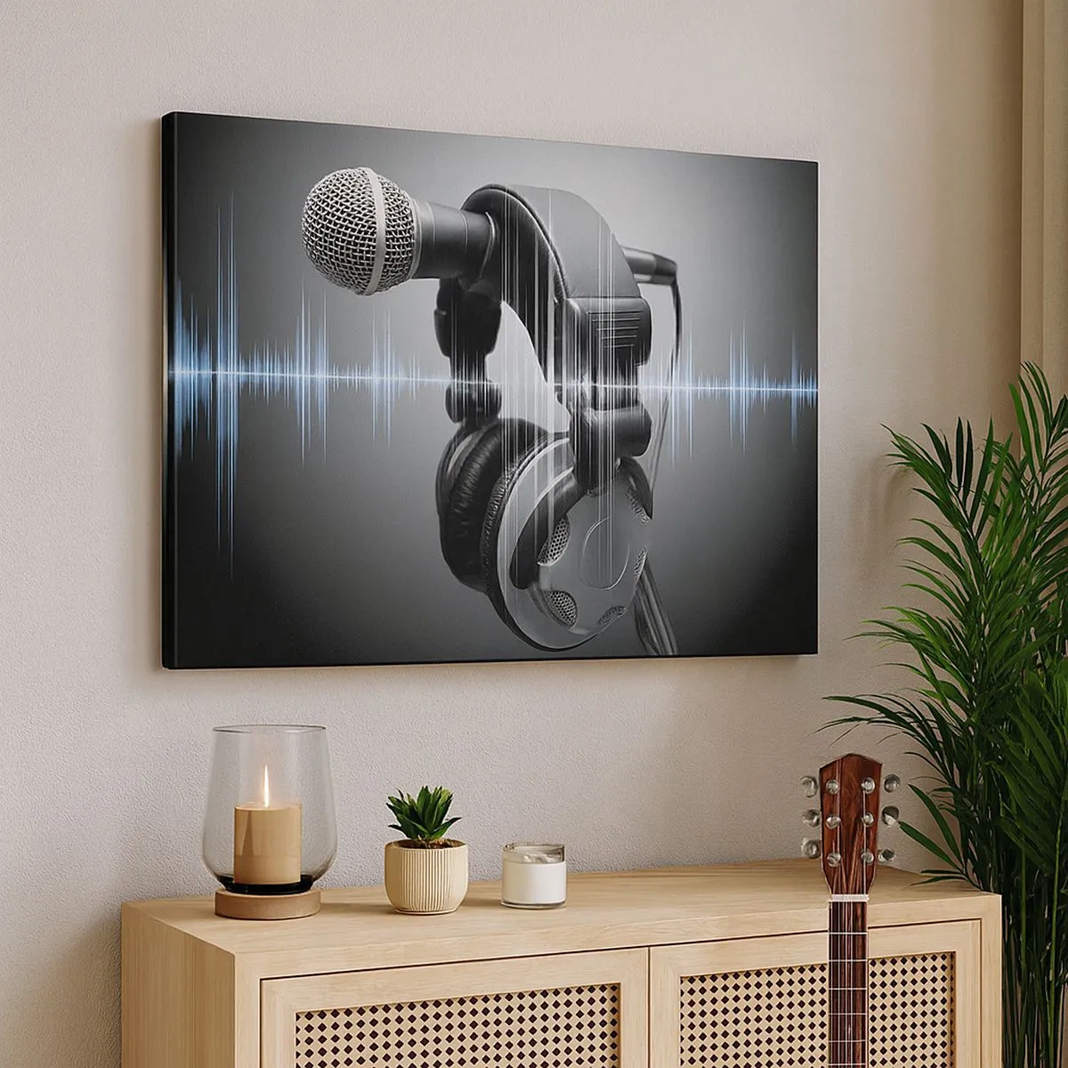 Impression sur toile - Image sur toile - Microphone et casque avec visualisation des ondes sonores en arrière-plan - 70x50cm - Vous pouvez encore entendre son chant - Décoration murale moderne pour le salon et la chambre ARTTOR