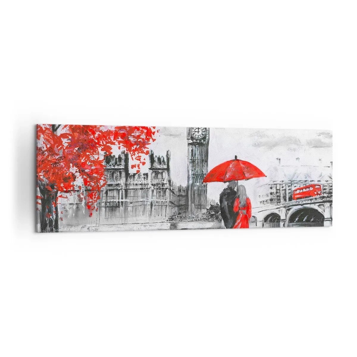 Impression sur toile - Image sur toile - Scène romantique avec Big Ben et un parapluie rouge - 160x50cm - Amoureux de Londres - Décoration murale moderne pour le salon et la chambre ARTTOR