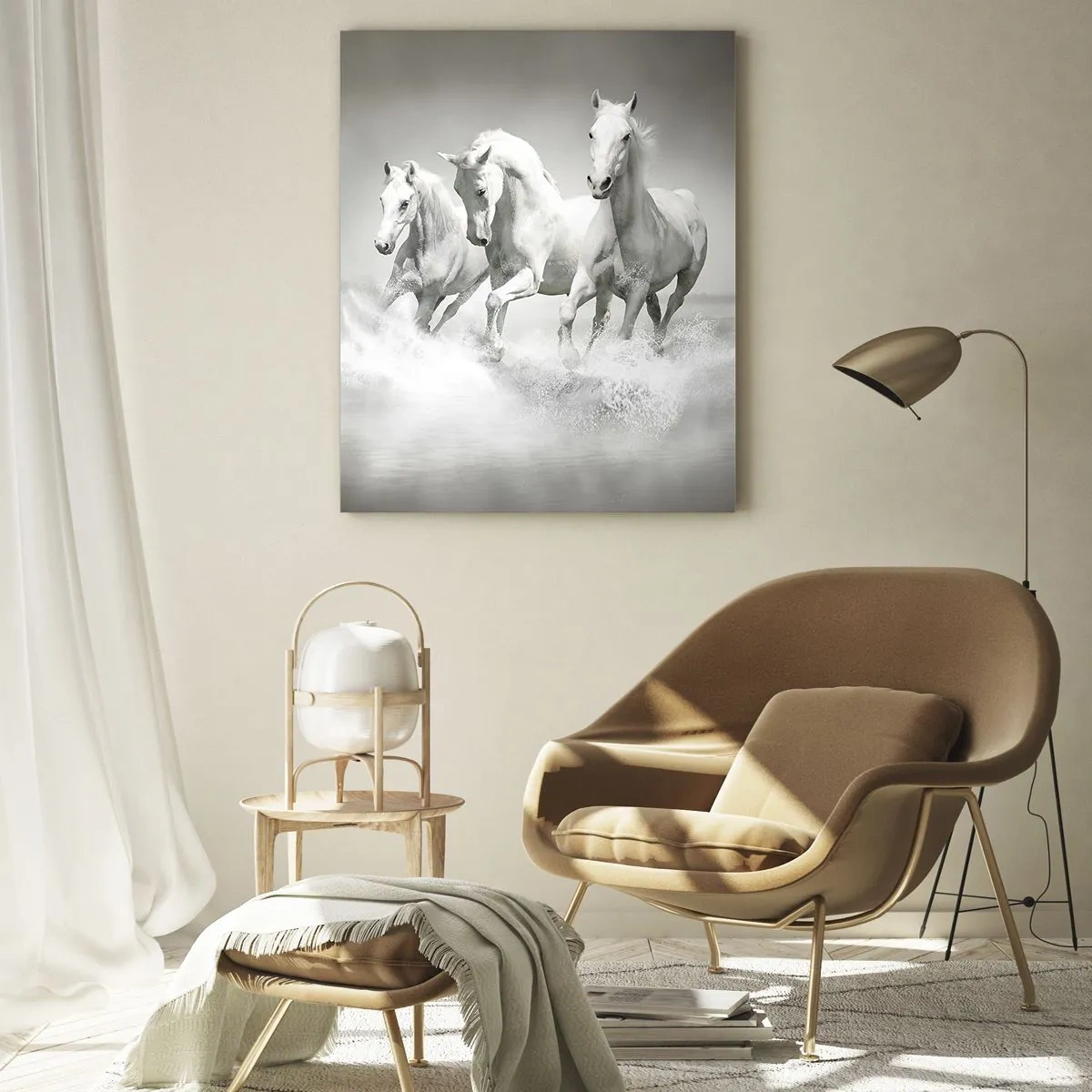 Impression sur verre - Image sur verre - Trois chevaux blancs galopant dans l'eau - 80x120cm - La folie blanche - Décoration murale moderne pour le salon et la chambre ARTTOR