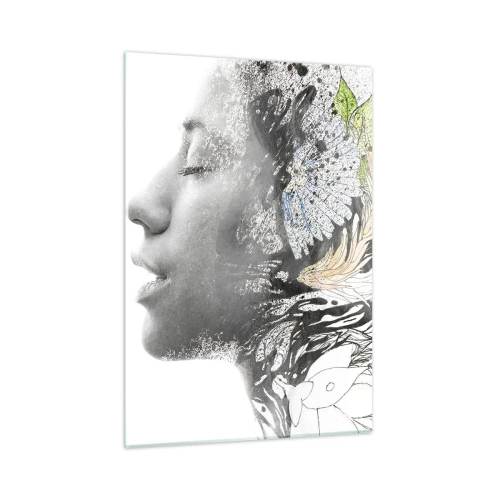 Impression sur verre - Image sur verre - Profil de femme avec des motifs de la nature dans un style monochrome - 50x70cm - Immergé dans la nature - Décoration murale moderne pour le salon et la chambre ARTTOR