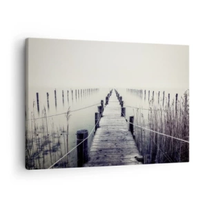 Impression sur toile - Image sur toile - Un pont en bois menant à un espace brumeux - 70x50cm - Plongez dans la paix - Décoration murale moderne pour le salon et la chambre ARTTOR