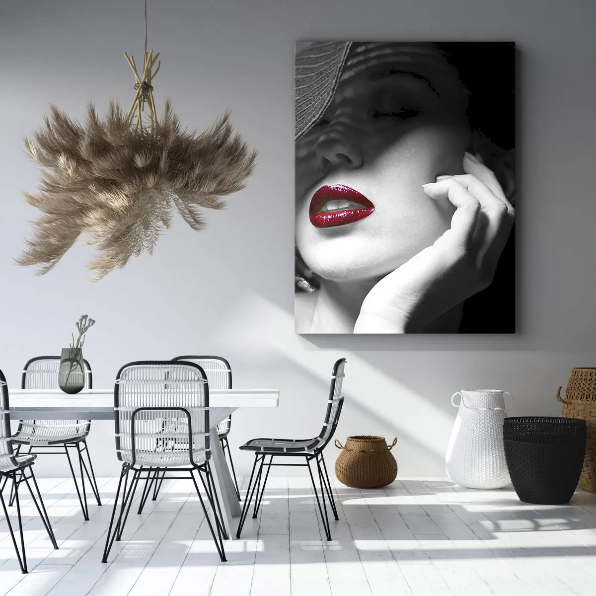 Impression sur toile - Image sur toile - Portrait noir et blanc d'une femme aux lèvres rouges - 70x100cm - Étude écarlate - Décoration murale moderne pour le salon et la chambre ARTTOR
