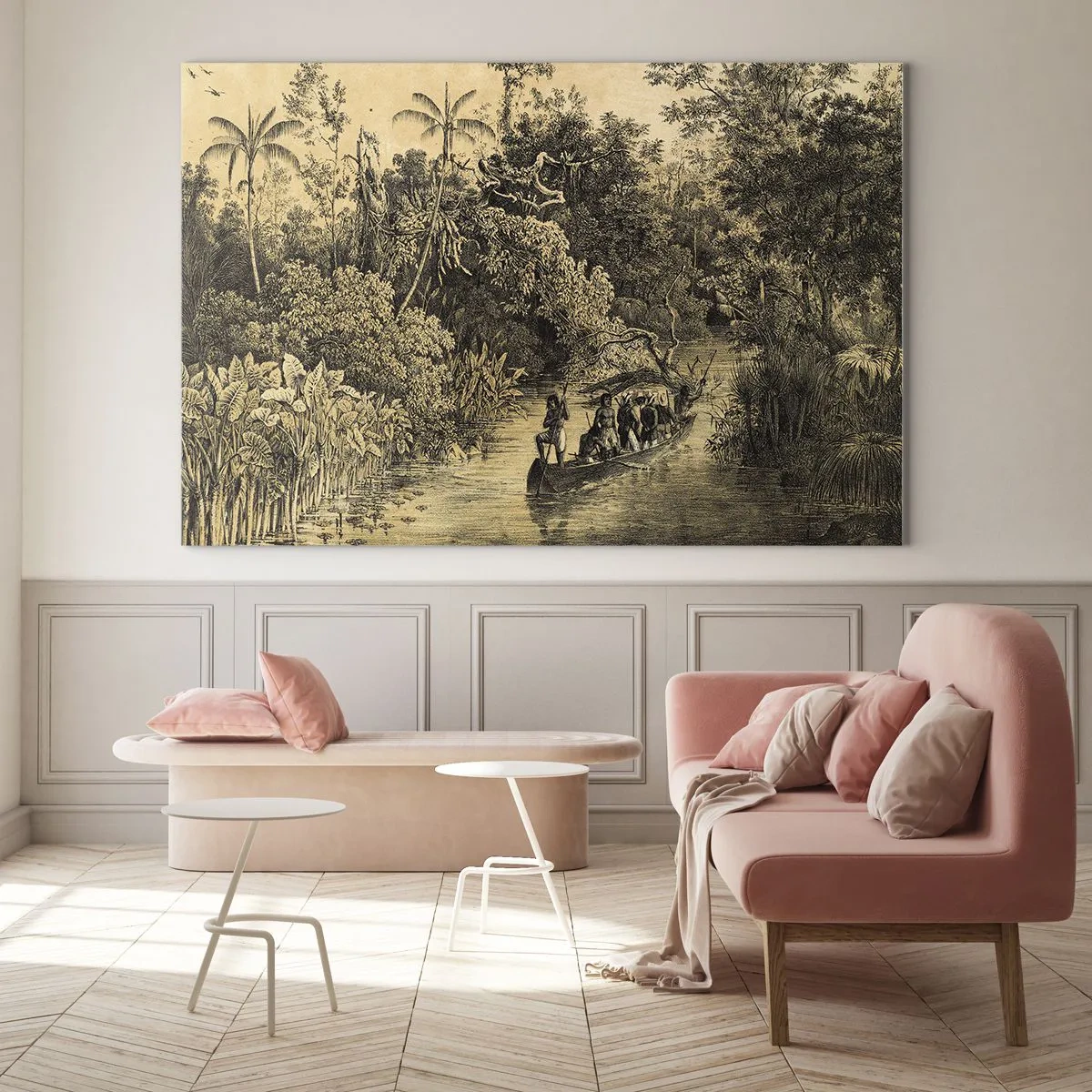 Impression sur verre - Image sur verre - Impression rétro représentant un voyage à travers la jungle - 70x50cm - Expédition à la source - Décoration murale moderne pour le salon et la chambre ARTTOR