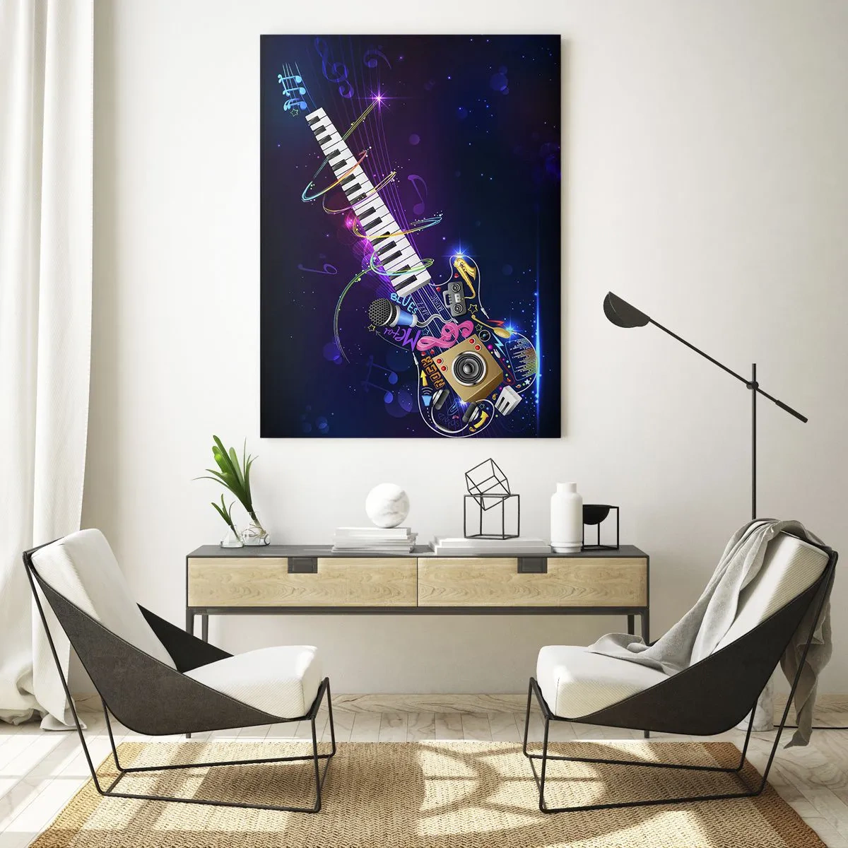 Impression sur verre - Image sur verre - Une guitare colorée avec un clavier et un microphone sur un fond sombre. - 70x100cm - Et tout va bien - Décoration murale moderne pour le salon et la chambre ARTTOR