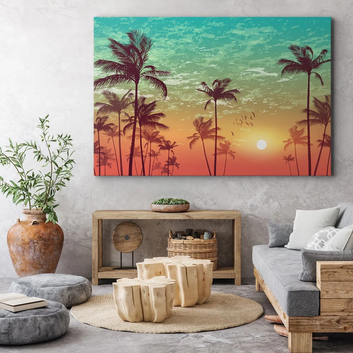 Impression sur toile - Image sur toile - Coucher de soleil avec des palmiers sur un ciel coloré - 120x80cm - Ambiance tropicale - Décoration murale moderne pour le salon et la chambre ARTTOR