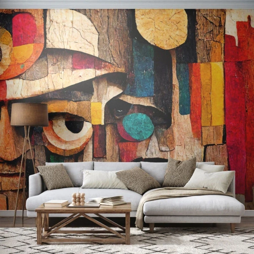 Papier Peint Photo Premium Sand - Visages abstraits dans un style mosaïque en bois - 100x70cm - Je te vois… - Décoration murale moderne pour le salon et la chambre ARTTOR