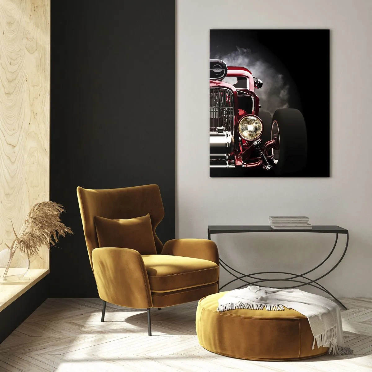 Impression sur verre - Image sur verre - Voiture de course classique rouge sur fond sombre - 80x120cm - Rapide et furieusement beau - Décoration murale moderne pour le salon et la chambre ARTTOR