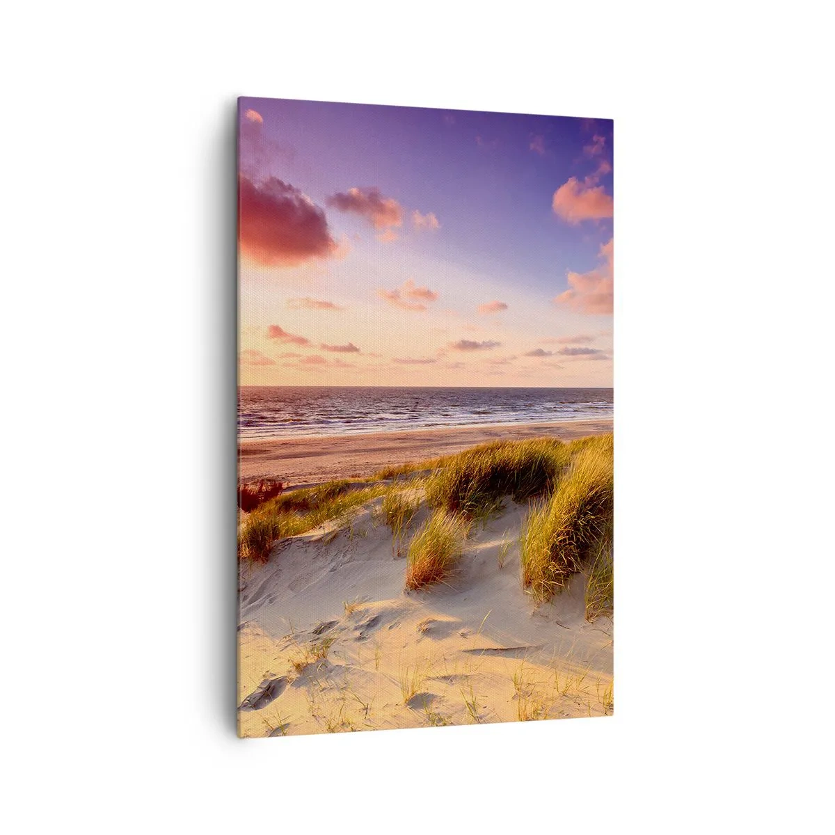 Impression sur toile - Image sur toile - Une plage herbeuse et un coucher de soleil sur une mer calme - 80x120cm - L'air sent déjà l'été - Décoration murale moderne pour le salon et la chambre ARTTOR