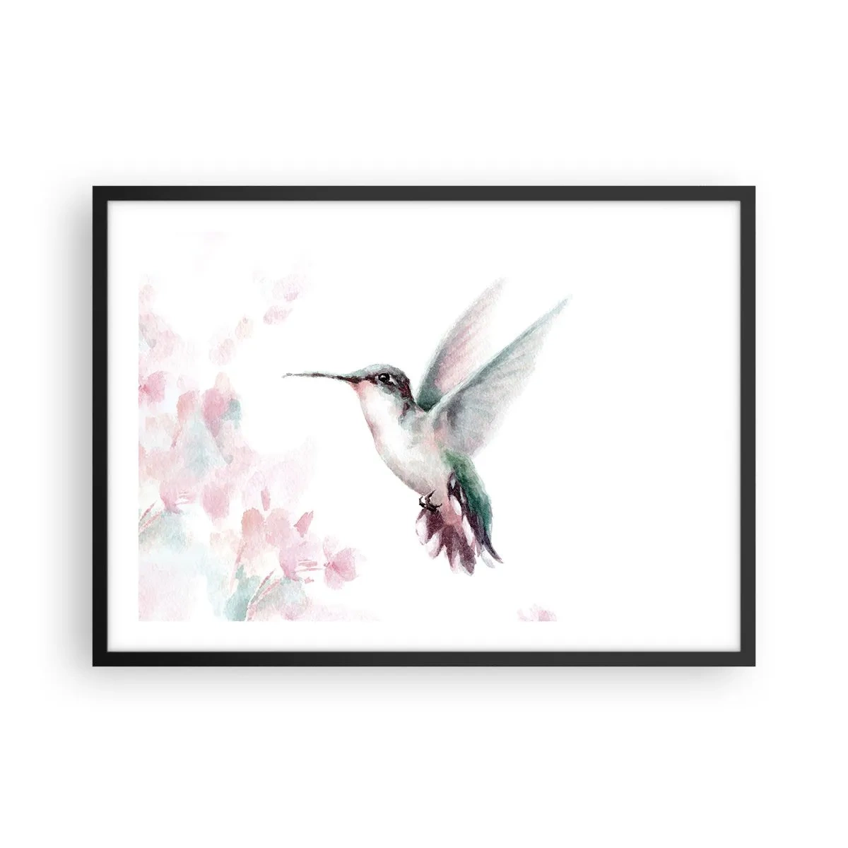 Affiche dans un cadre noir - Poster - Un colibri aux couleurs pastel délicates sur un fond de fleurs - 70x50cm - Immortalisé dans un battement - Décoration murale moderne pour le salon et la chambre ARTTOR
