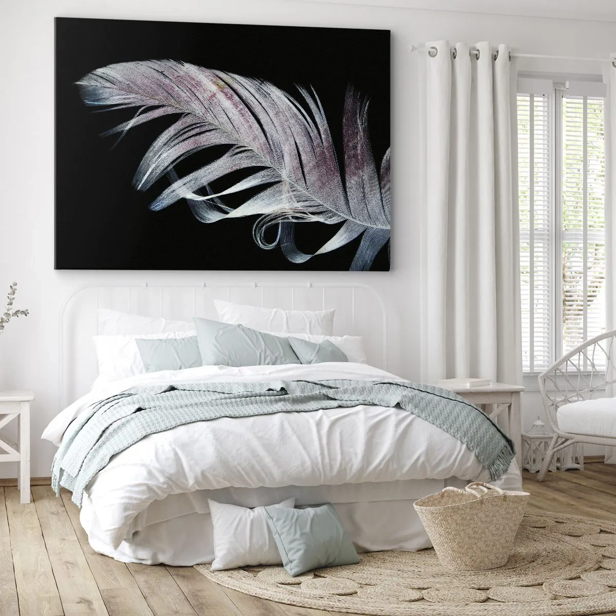 Impression sur toile - Image sur toile - Une plume délicate sur fond noir dans une démarche artistique - 70x50cm - Pensez au toucher - Décoration murale moderne pour le salon et la chambre ARTTOR