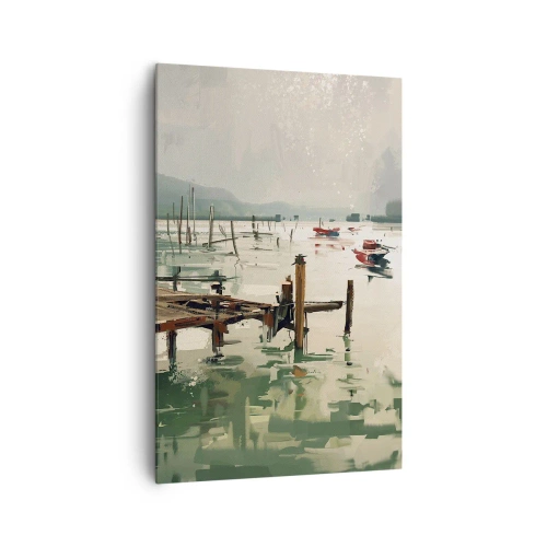 Impression sur toile - Image sur toile - Un port pittoresque avec des bateaux sur une eau calme - 80x120cm - Trempé dans une lune en fusion - Décoration murale moderne pour le salon et la chambre ARTTOR