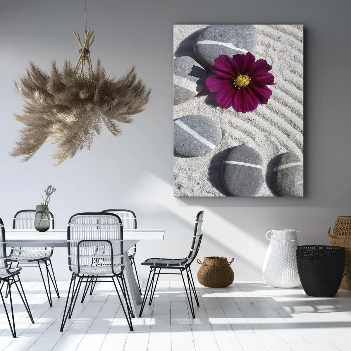 Impression sur toile - Image sur toile - Des pierres et une fleur rose sur le sable dans un style zen - 70x100cm - Énergie et paix du cercle magique de la nature - Décoration murale moderne pour le salon et la chambre ARTTOR