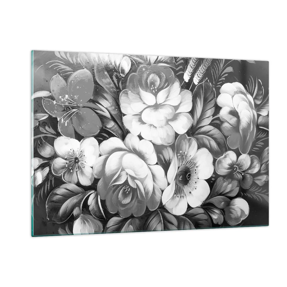 Impression sur verre - Image sur verre - Un élégant bouquet de fleurs dans des tons de gris - 120x80cm - Belle même en gris - Décoration murale moderne pour le salon et la chambre ARTTOR