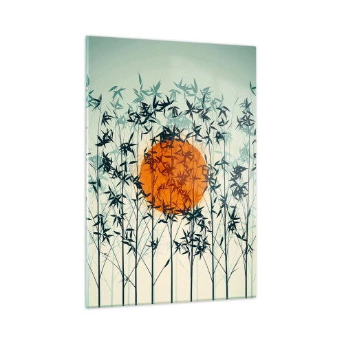Impression sur verre - Image sur verre - Soleil rouge parmi les délicates feuilles de bambou - 50x70cm - Soleil japonnais - Décoration murale moderne pour le salon et la chambre ARTTOR