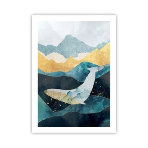 Affiche - Poster - Une baleine abstraite flottant parmi des vagues dorées. - 50x70cm - La beauté fraîche du nord - Décoration murale moderne pour le salon et la chambre ARTTOR