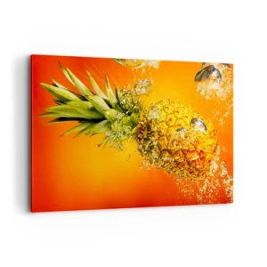 Impression sur toile - Image sur toile - Un ananas immergé dans l'eau sur un fond dégradé orange. - 120x80cm - Fraîcheur juteuse tropicale - Décoration murale moderne pour le salon et la chambre ARTTOR