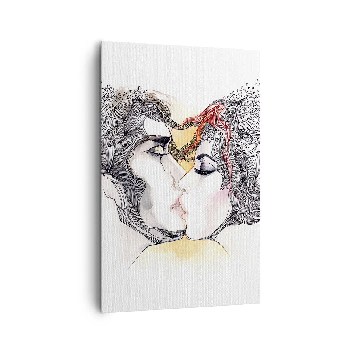 Impression sur toile - Image sur toile - Portrait artistique d'un couple avec des motifs de cheveux abstraits - 80x120cm - Le monde n'existe pas - Décoration murale moderne pour le salon et la chambre ARTTOR