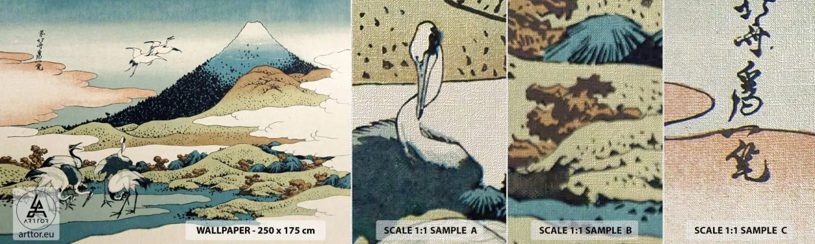 Échantillon de Papier Peint Premium Canvas - Avec une âme japonnaise - Cigogne, Oiseau, Paysage - 100x30 cm