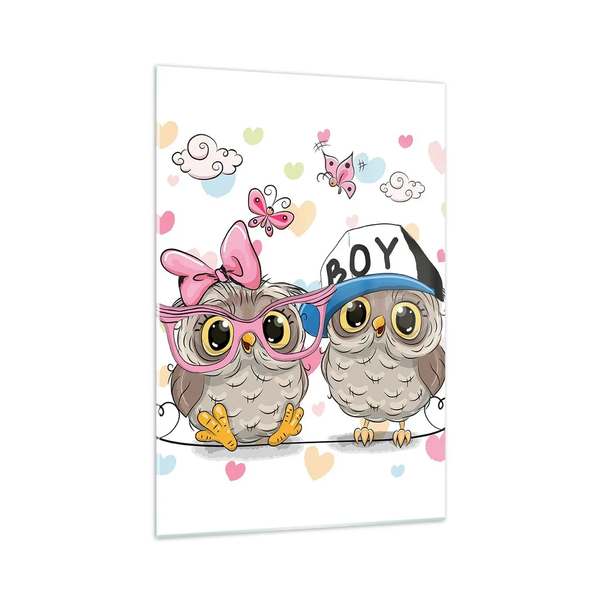 Impression sur verre - Image sur verre - Deux adorables hiboux entourés de cœurs - 70x100cm - On s'aime! - Décoration murale moderne pour le salon et la chambre ARTTOR