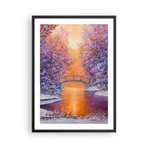 Affiche dans un cadre noir - Poster - Paysage d'hiver avec un pont et le soleil couchant reflété dans la rivière - 50x70cm - On se rencontre ici - Décoration murale moderne pour le salon et la chambre ARTTOR