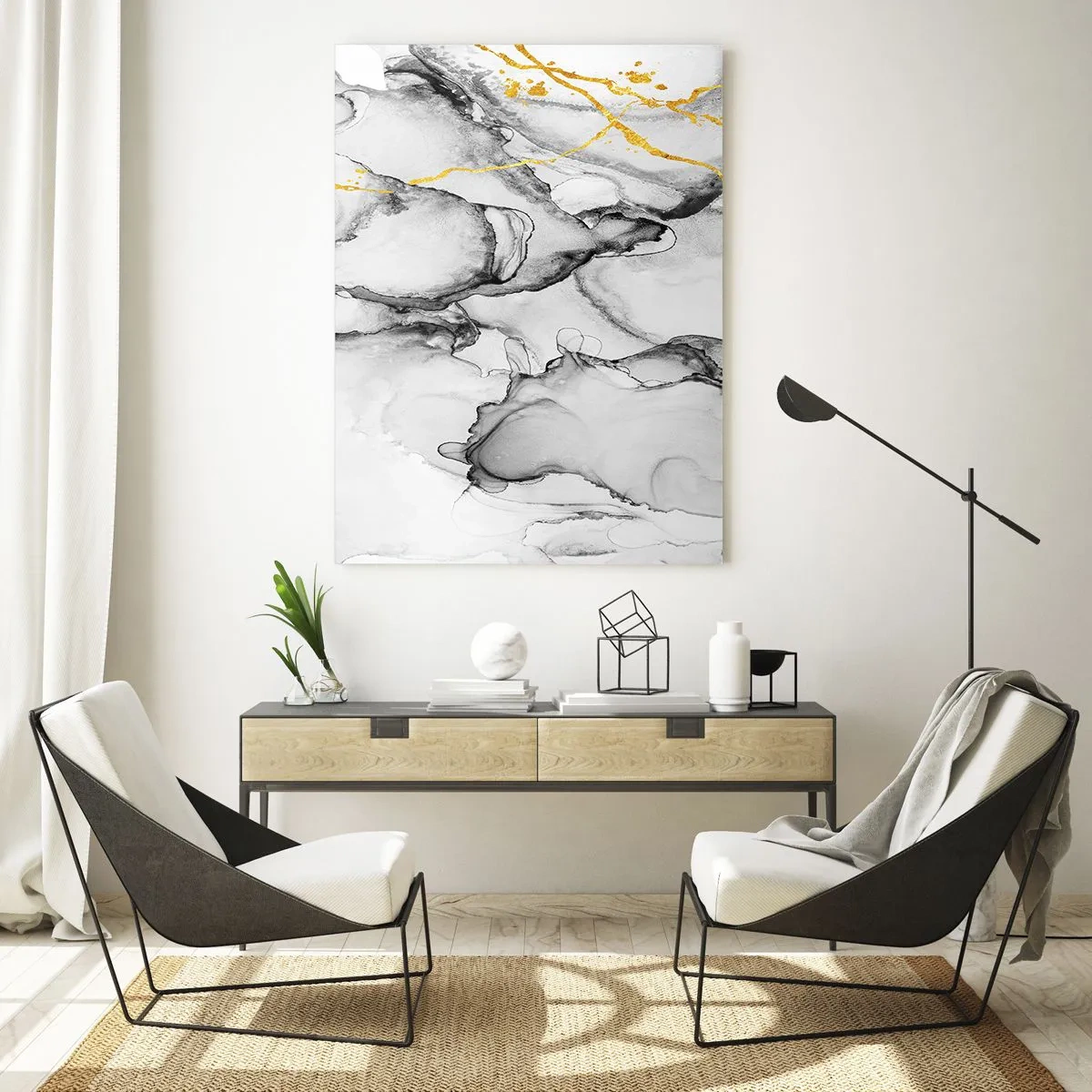 Impression sur verre - Image sur verre - Composition abstraite en noir et blanc avec une touche d'or - 50x70cm - Composition à motif or - Décoration murale moderne pour le salon et la chambre ARTTOR