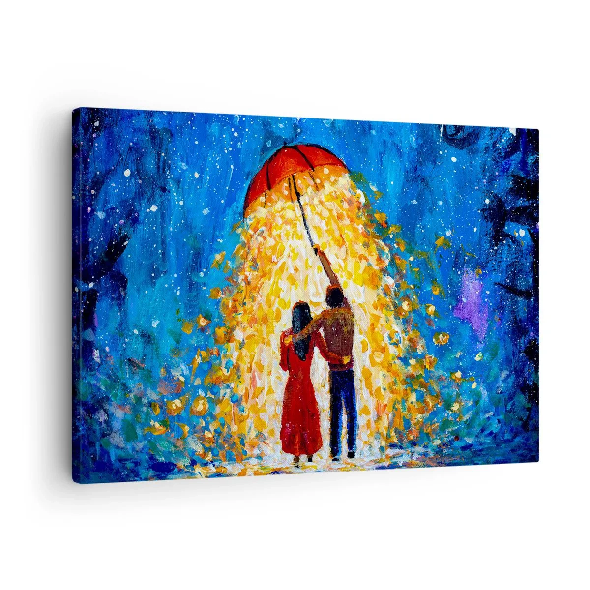 Impression sur toile - Image sur toile - Un couple sous un parapluie rouge sous la pluie lumineuse - 70x50cm - La magie d'une soirée pluvieuse ? - Décoration murale moderne pour le salon et la chambre ARTTOR